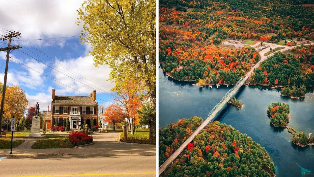 A historic house. Right: An aerial view of a bridge.