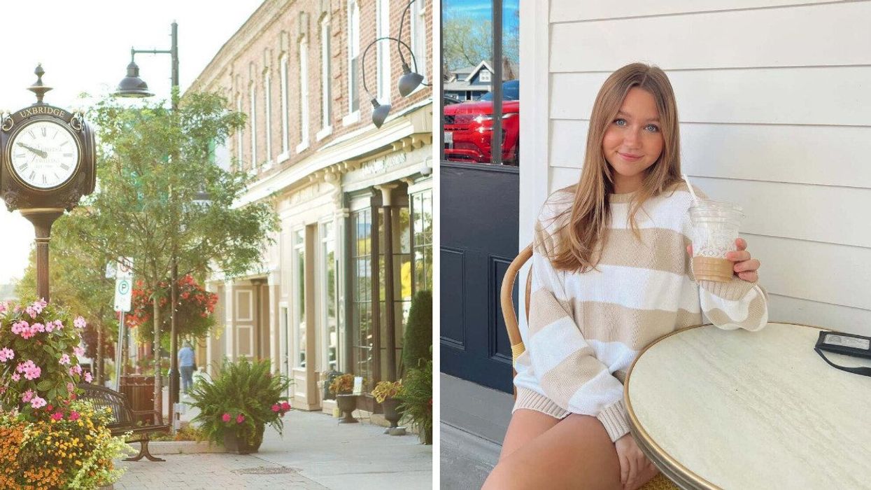 A historic main street. Right: A person sitting on a patio.