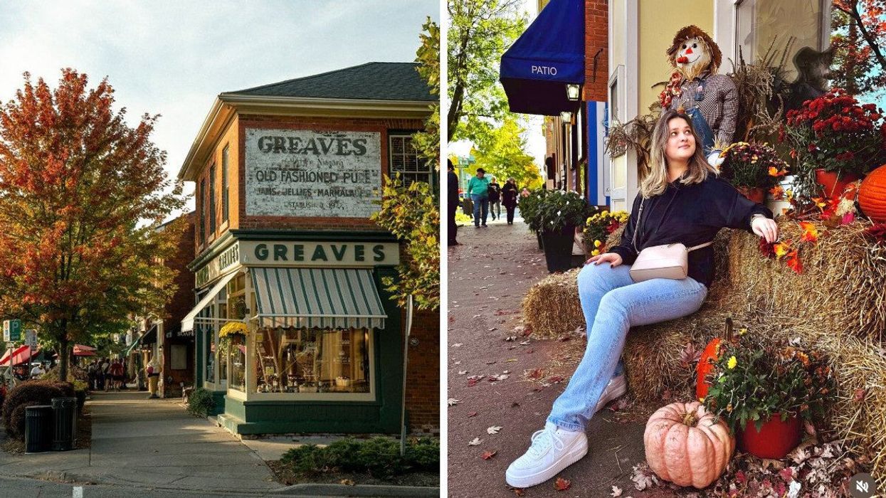 A historic Main Street. Right: A person sitting on hay bales.