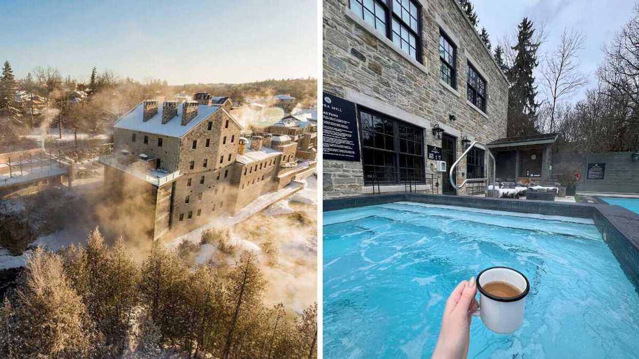 A historic mill on a river during the winter. Right: A person holding a mug in a hot tub.