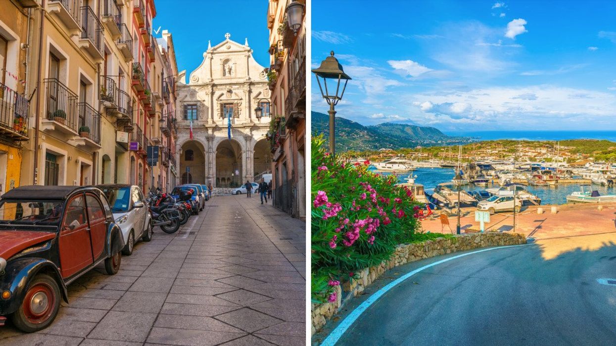 A historic Sardinian street with colourful buildings and vintage cars. Right: A vibrant coastal marina with flowers, boats, and mountains in the background.