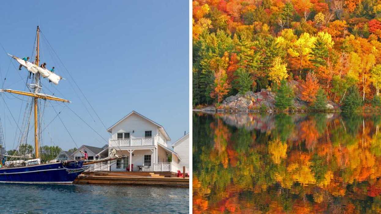 A historic ship beside a white building. Right: A colourful fall forest.