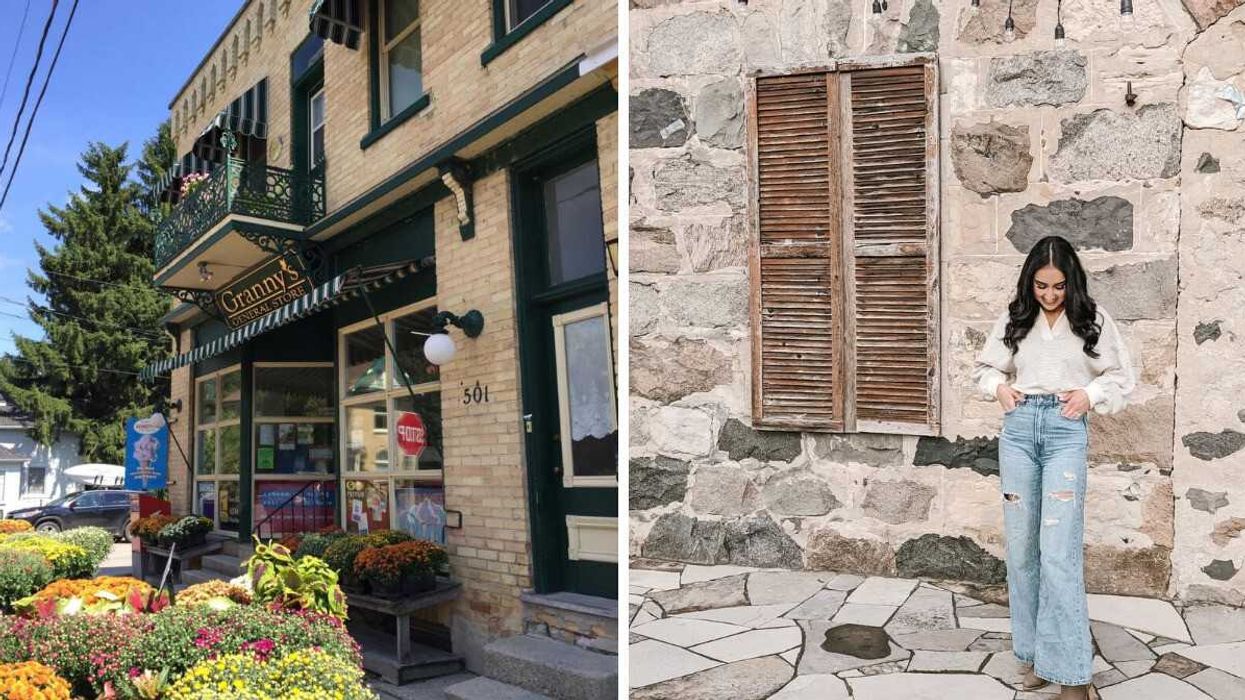 A historic shop. Right: A person standing outside a stone building.