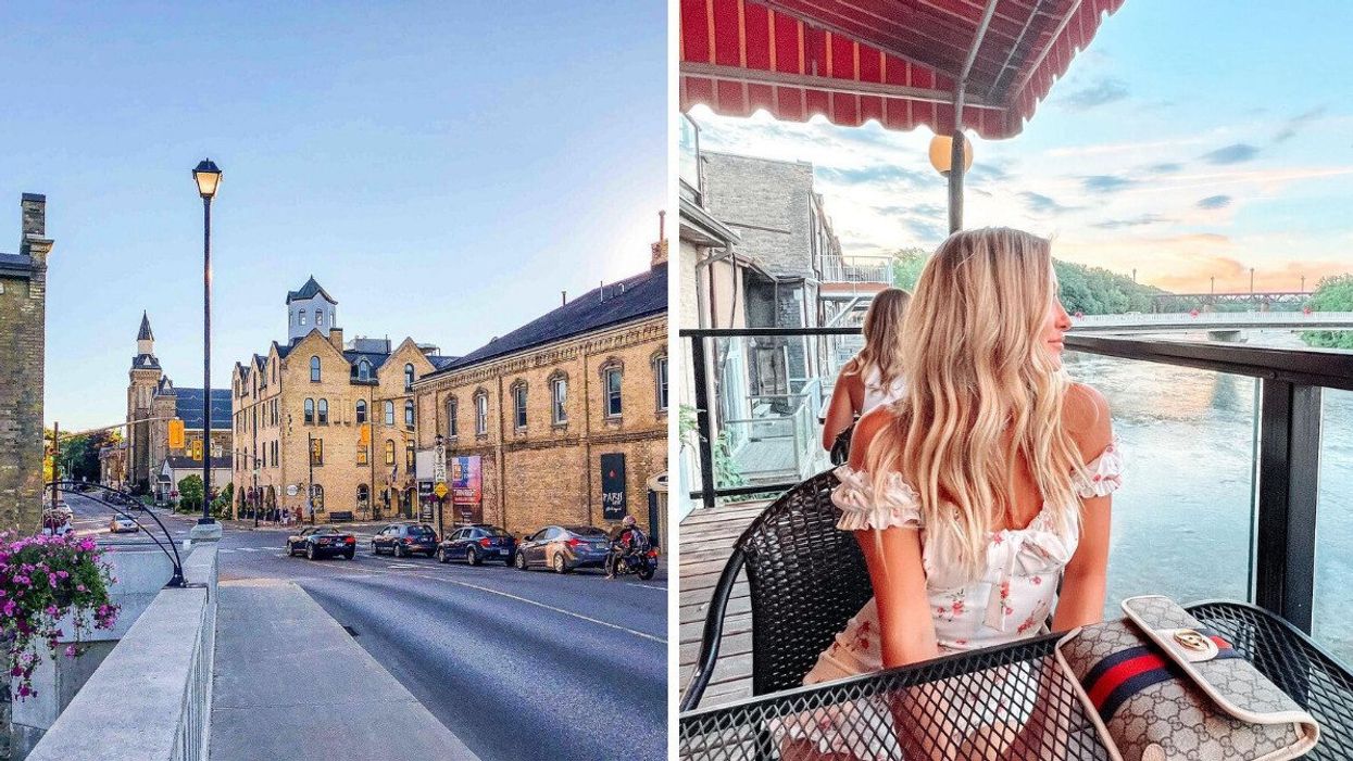 A historic small town. Right: A person sitting on a patio by the water.