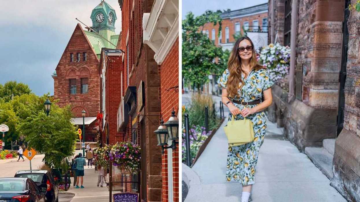 A historic small town. Right: A person walking down a street.
