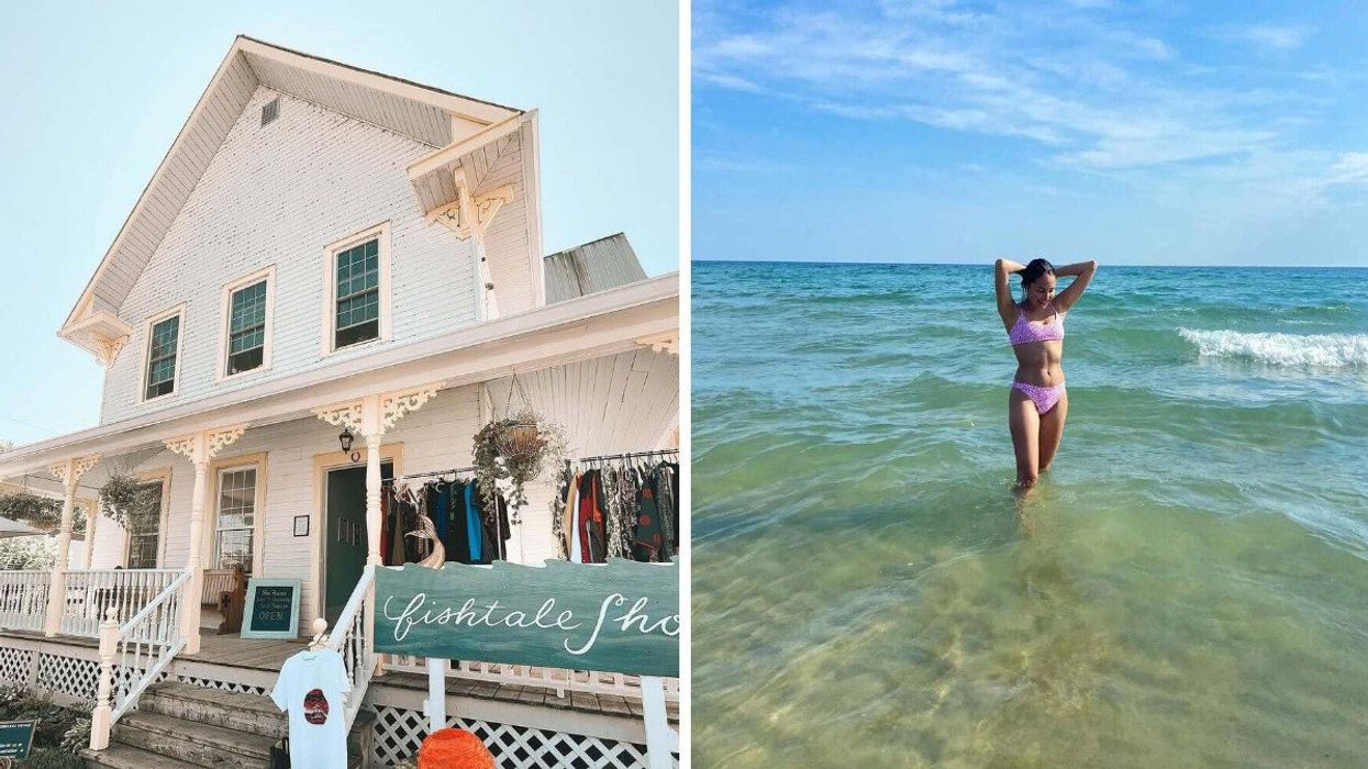 A historic store. Right: A person standing in the water.
