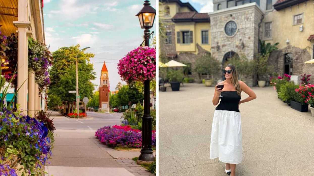 A historic street and clock tower. Right: A person drinking wine.