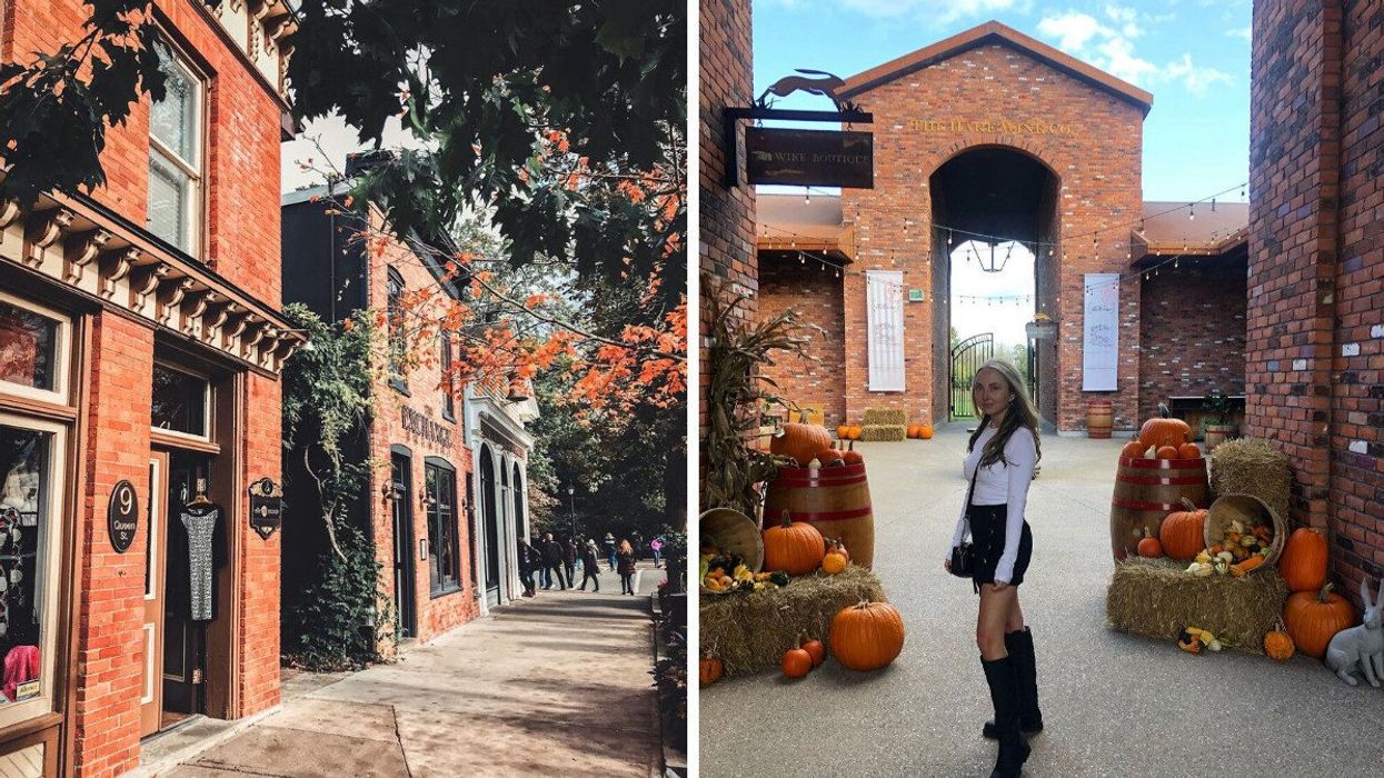 A historic street during the fall. Right: A person standing in a courtyard by fall decor.