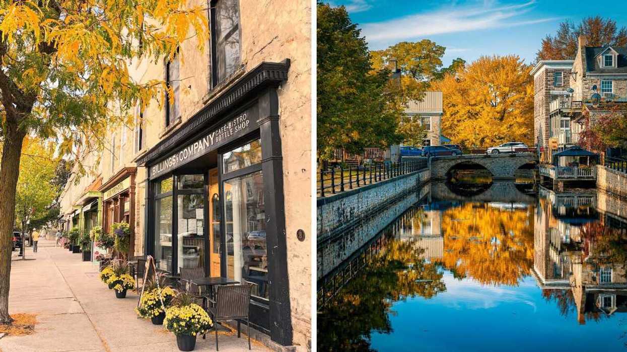 A historic street during the fall. Right: A river with a stone bridge.