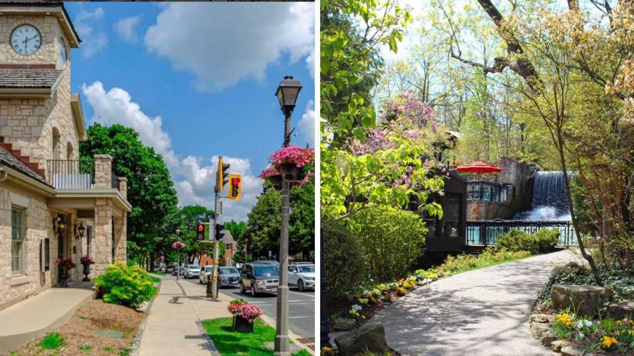 A historic street. Right: A path leading to a waterfall.
