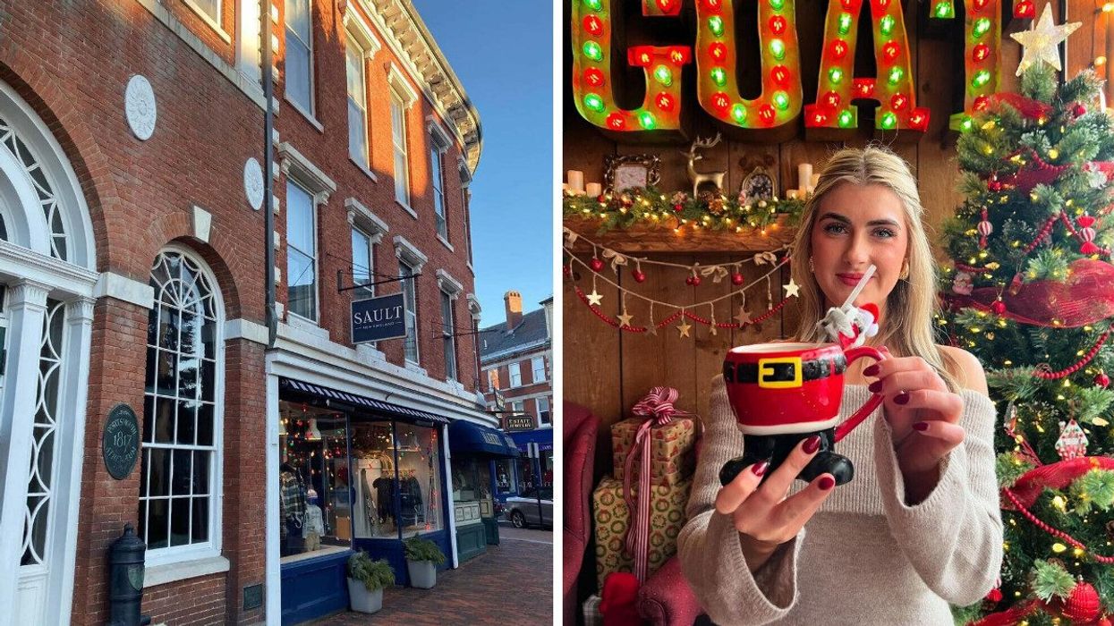 A historic street. Right: A person holding a Christmas cup.