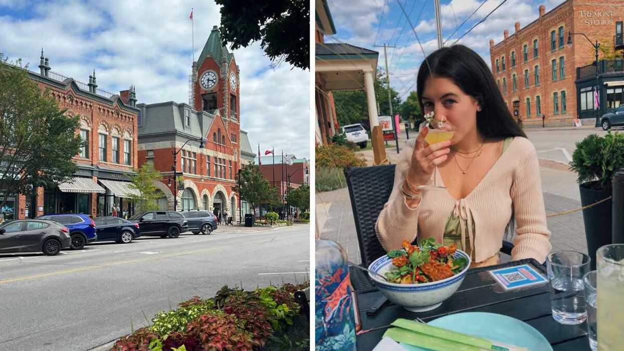 A historic street. Right: A person sitting at a restaurant.
