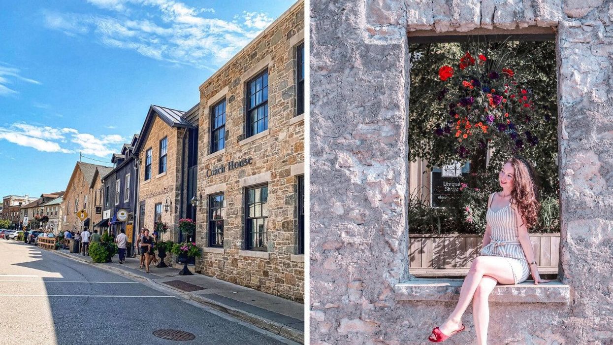 A historic street. Right: A person sitting on a stone wall.