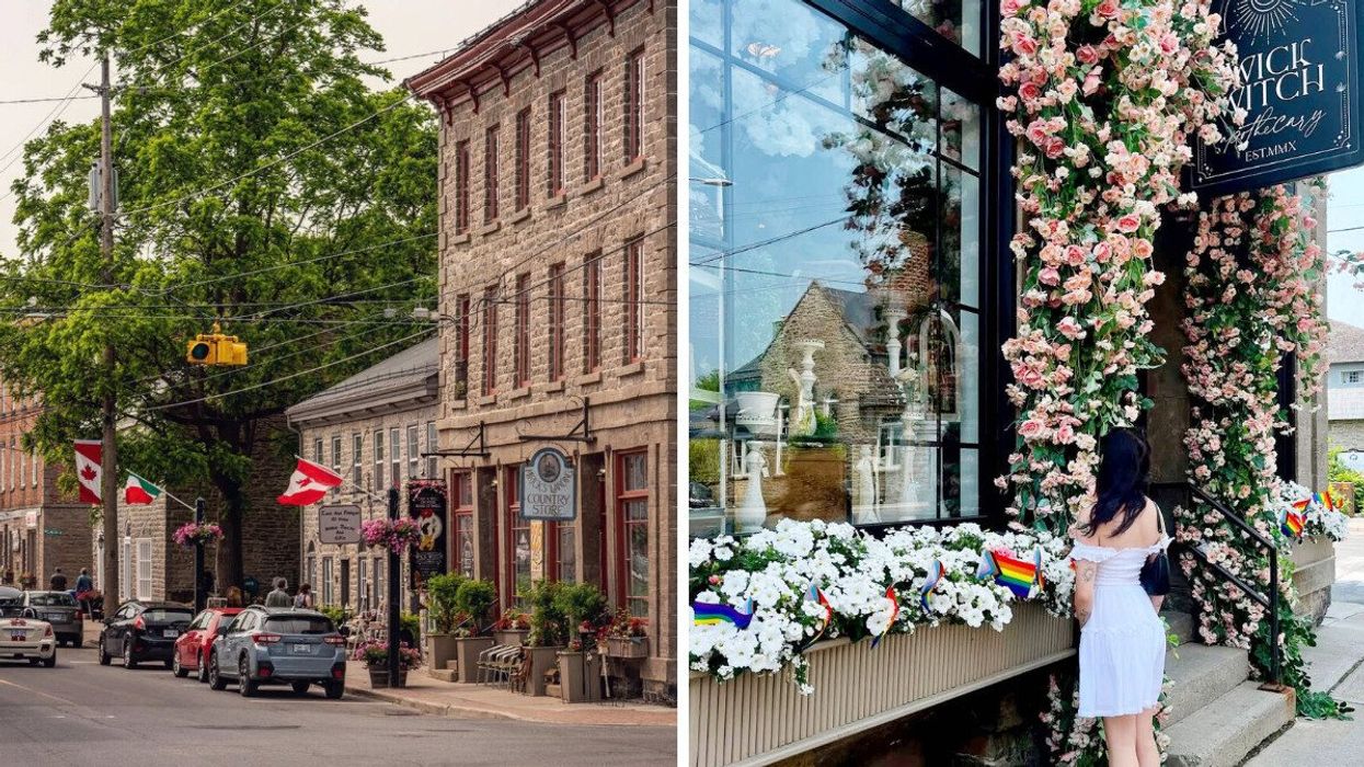 A historic street. Right: A person standing by a store covered in flowers.
