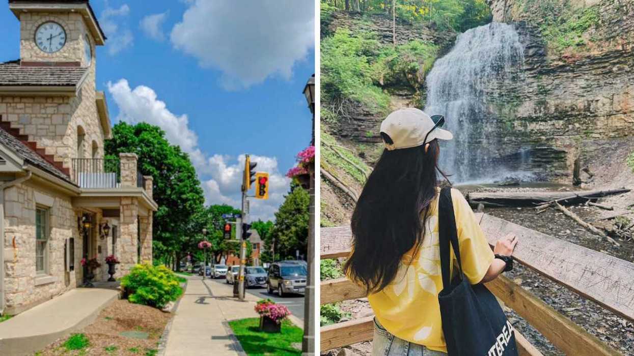 A historic street. Right: A person standing by a waterfall.