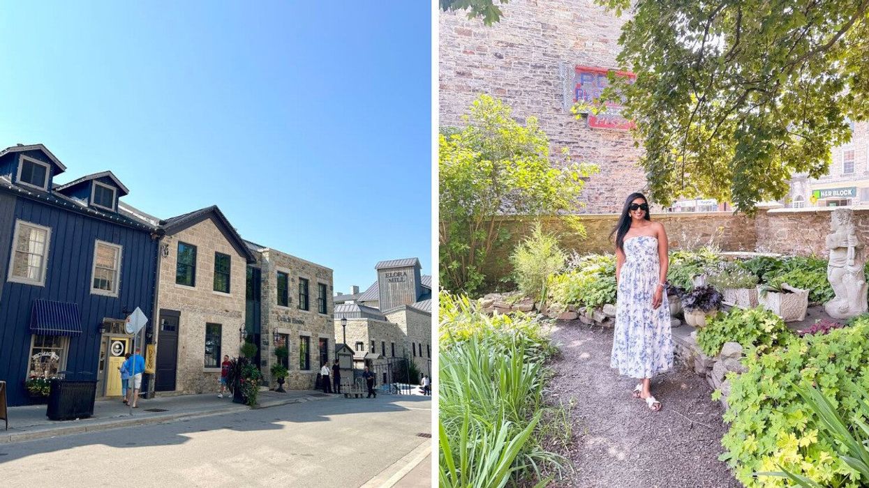 A historic street. Right: A person standing in a garden.