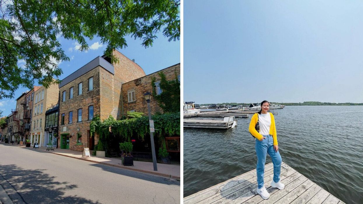 A historic street. Right: A person standing on a dock.