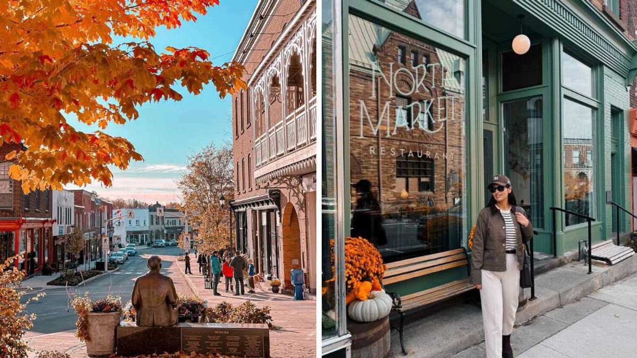A historic street. Right: A person standing on a street.