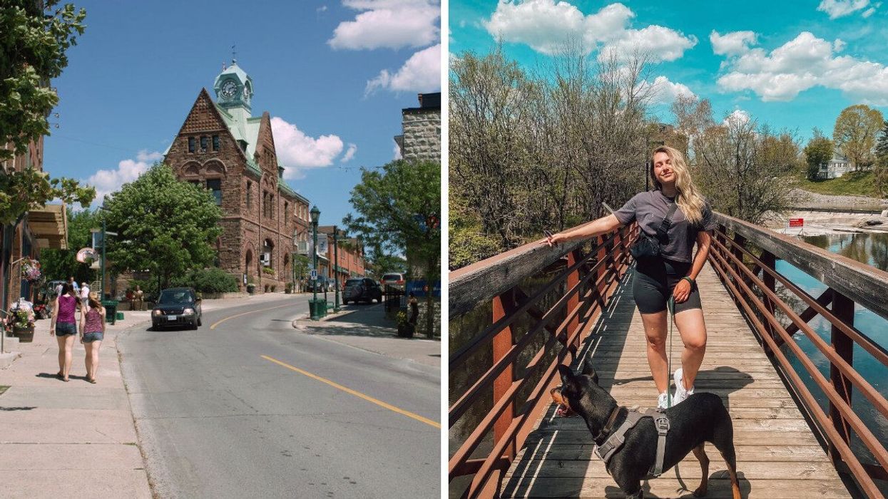 A historic street. Right: A person walking a dog on a bridge.