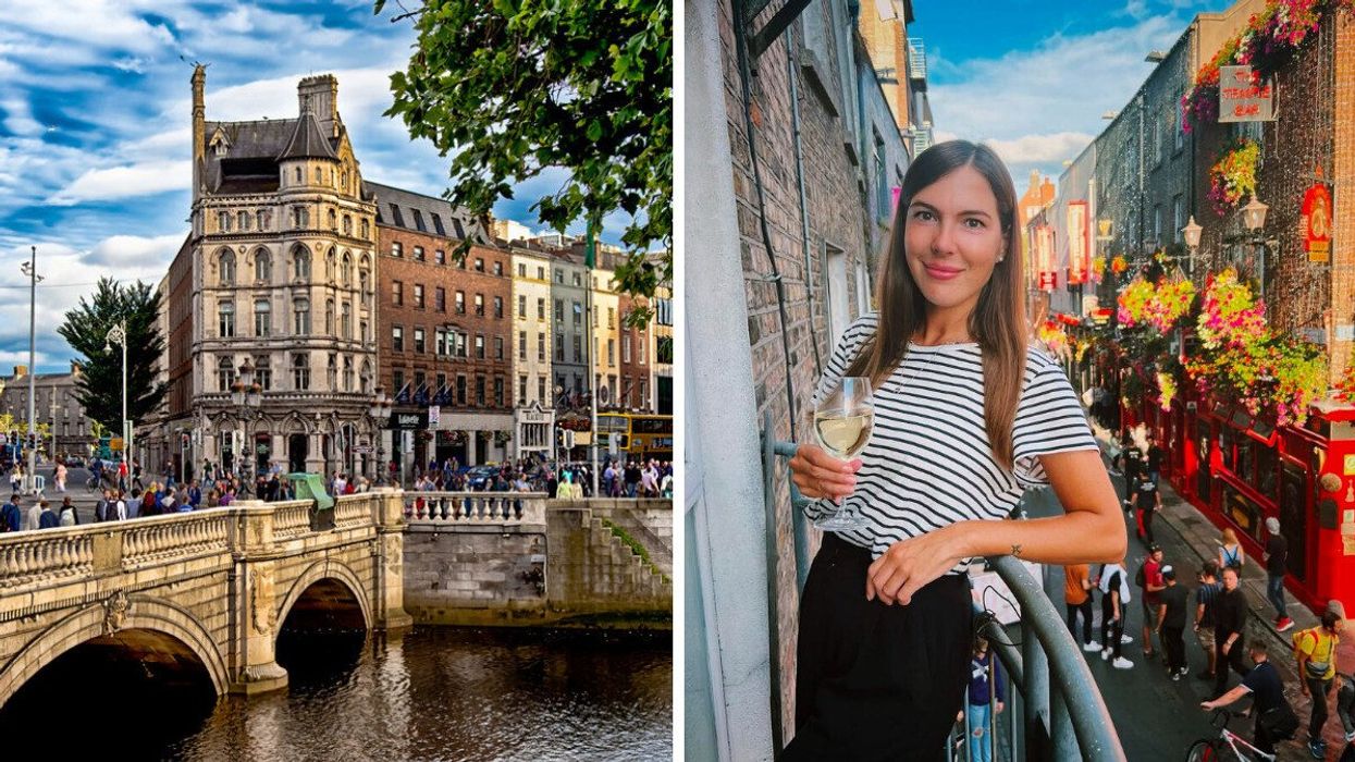 A historic street with a bridge. Right: A person holding a wine glass on a balcony.