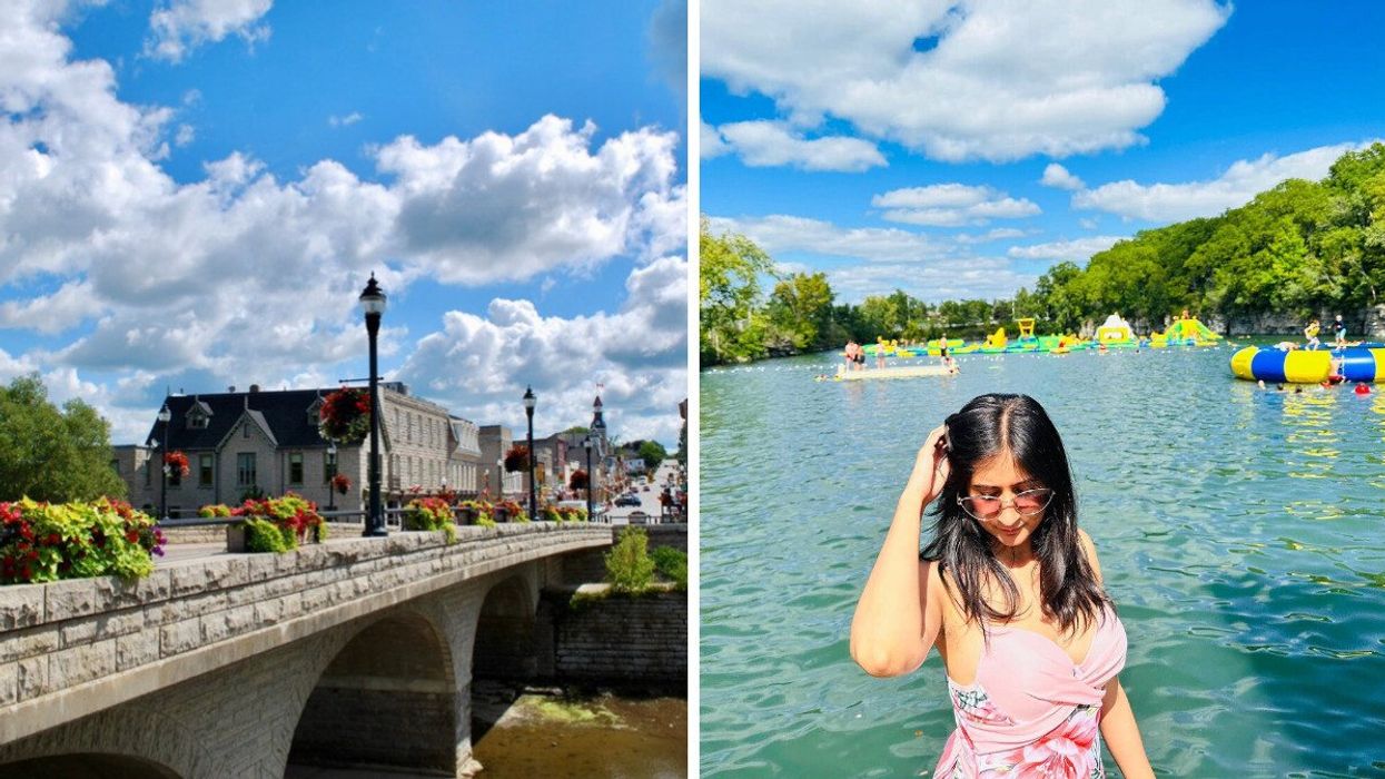 A historic street with flowers. Right: A person standing by a swimming hole.