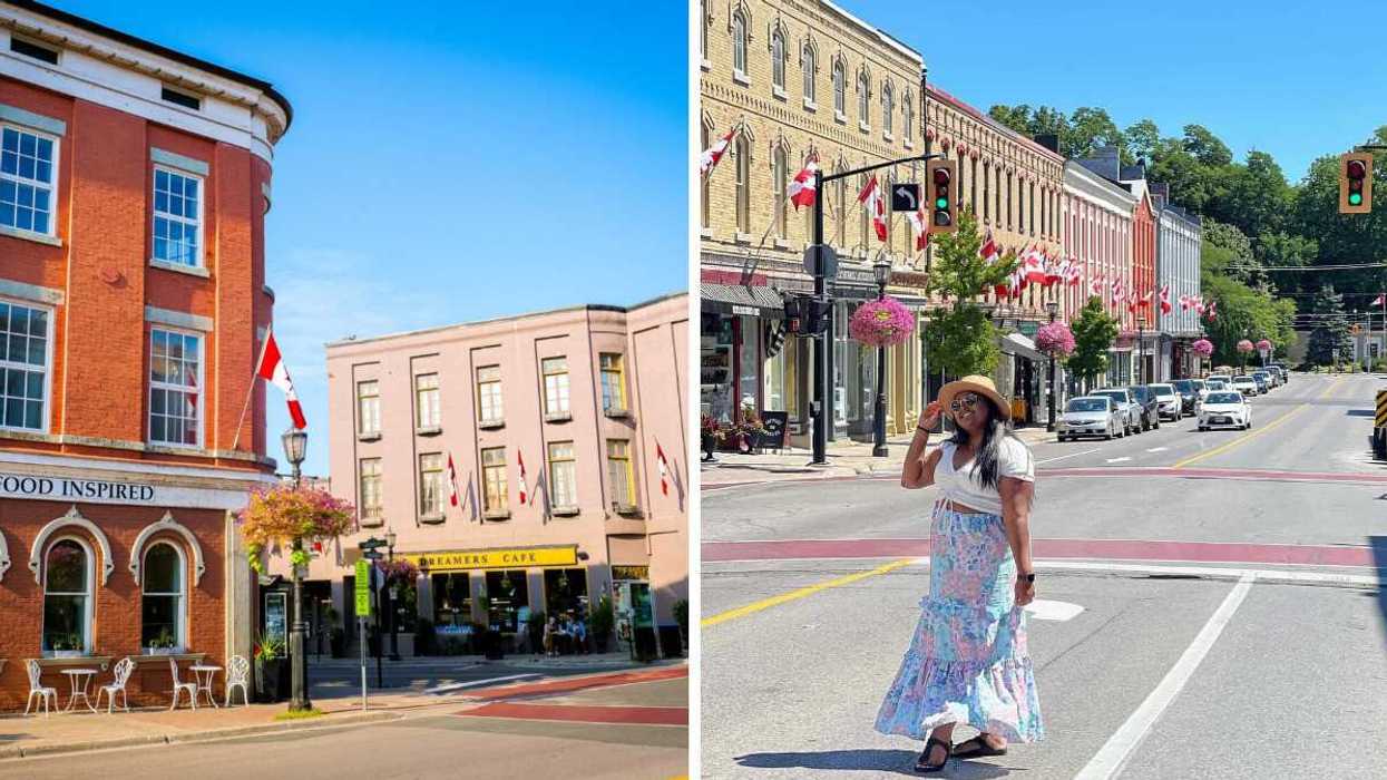 A historic town. Right: A person standing on a main street.