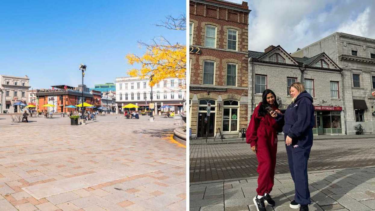 A historic town square during the fall. Right: Two people standing by historic buildings.