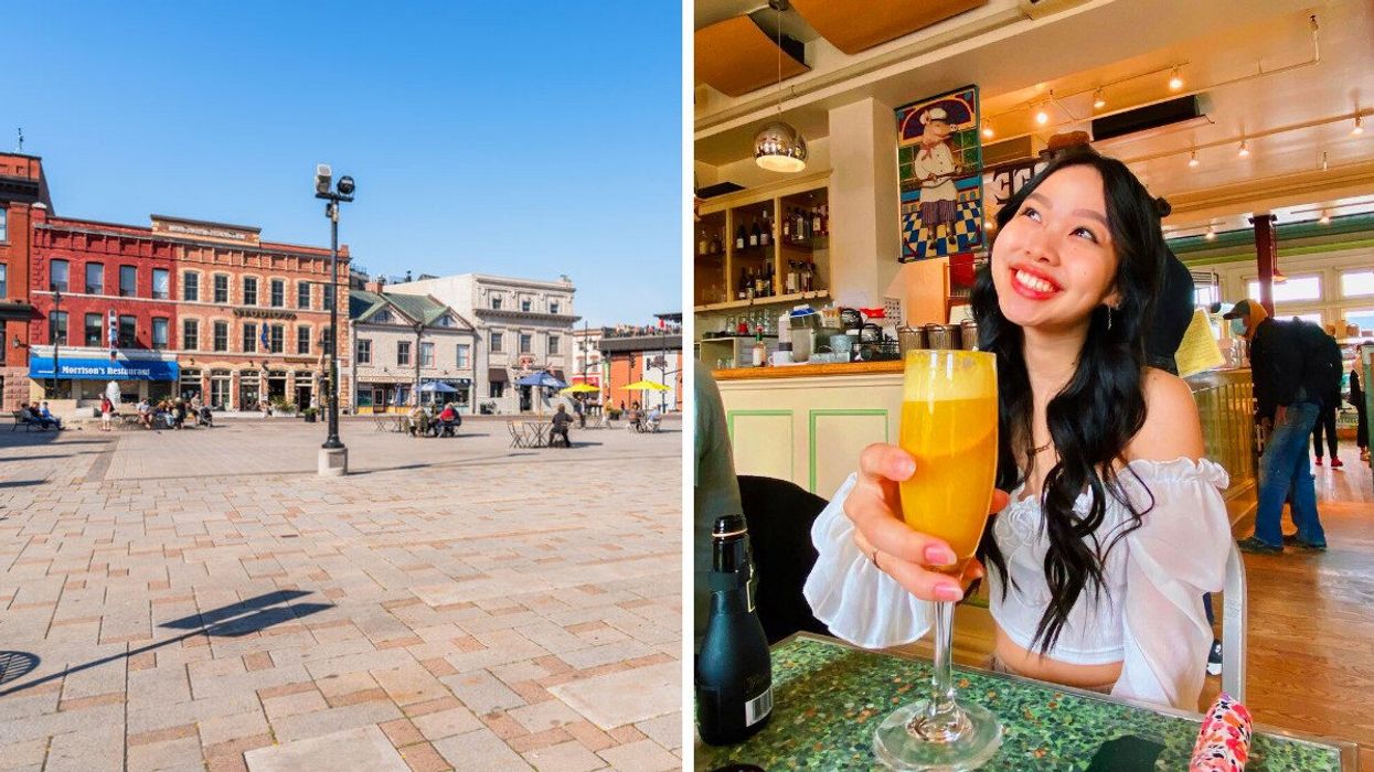 A historic town square. Right: A person holding a mimosa.