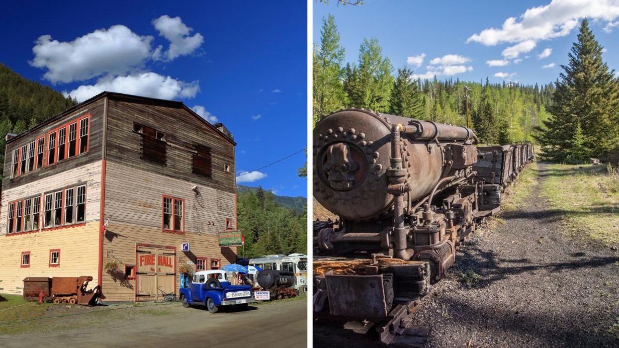 A historical building in Sandon, B.C. Right: An old train in Bankhead, Alberta.