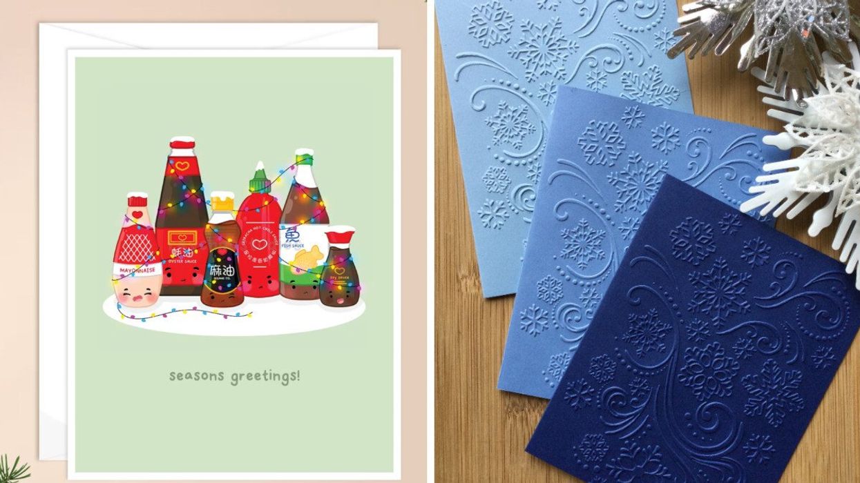 A holiday Christmas card with condiments that says seasons greetings. Right: Three blue cards with embossed snow flakes.