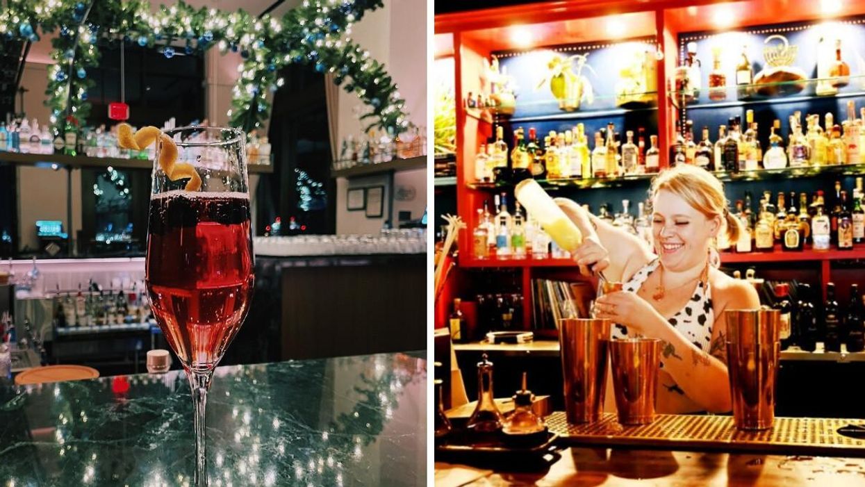 A holiday cocktail on a bar with garlands. Right: Freelance Writer Maeve Browne making a cocktail.