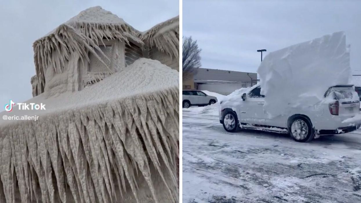 A home covered in icicles in Buffalo. Right: A car in Buffalo driving with a pile of snow on the roof.