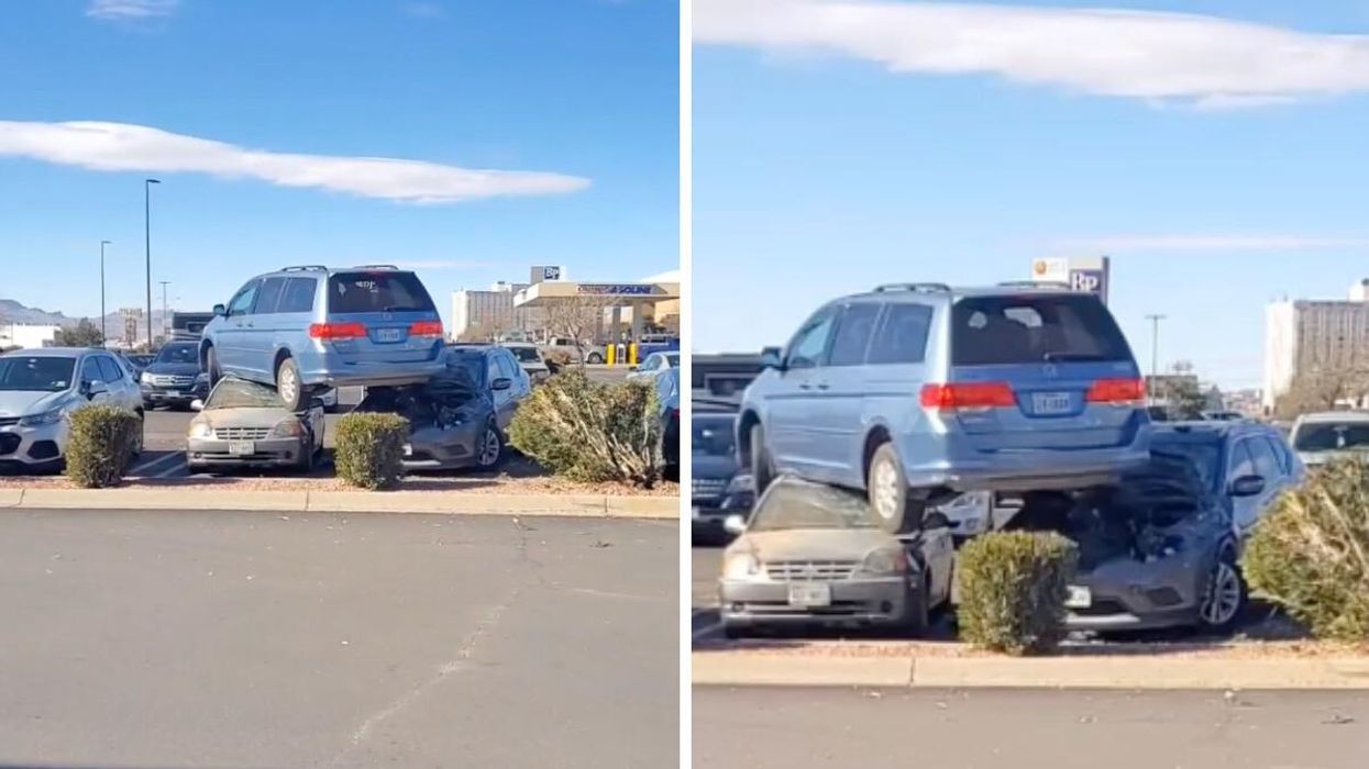 A Honda Odyssey vehicle on top of two parked cars in El Paso, TX. Right: A close up of the Honda van on top of other cars.