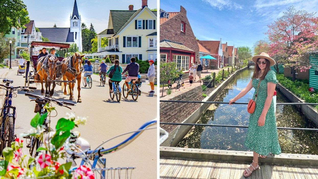 A horse and carriage on a historic Main Street. Right: A person standing by a canal.