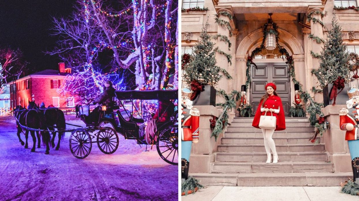 A horse-drawn carriage in a Christmas village. Right: A person standing by a building with Christmas decor.
