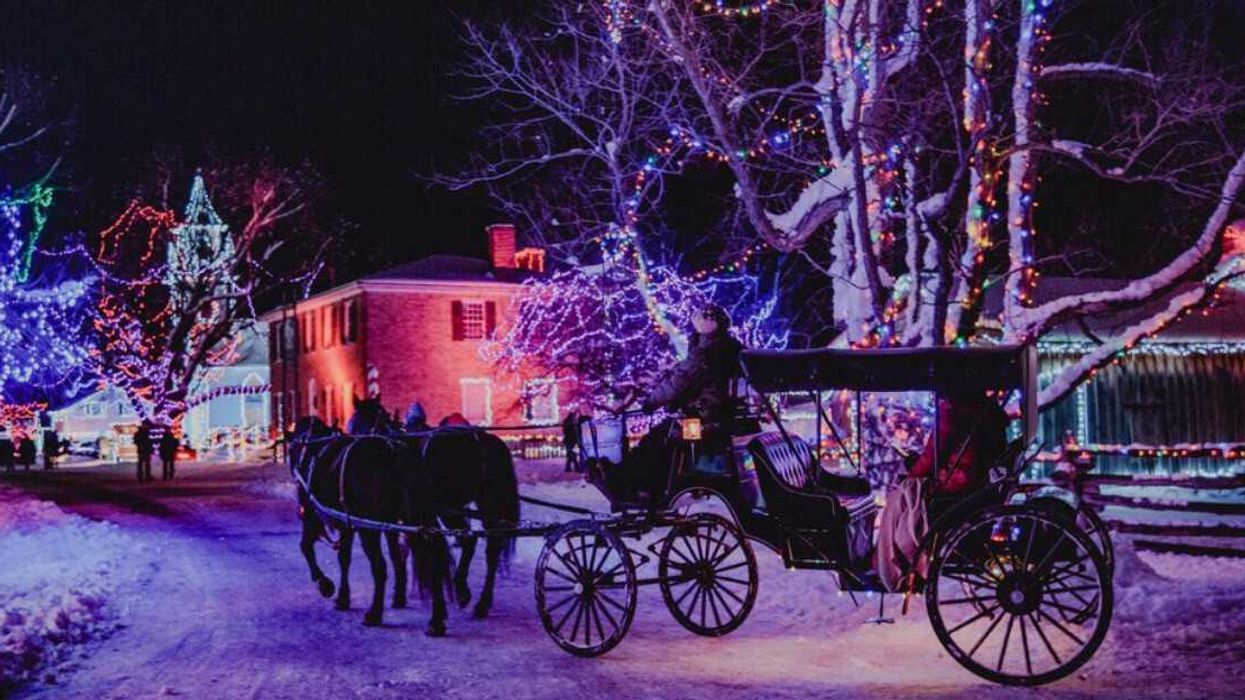 A horse-drawn carriage in a Christmas village.