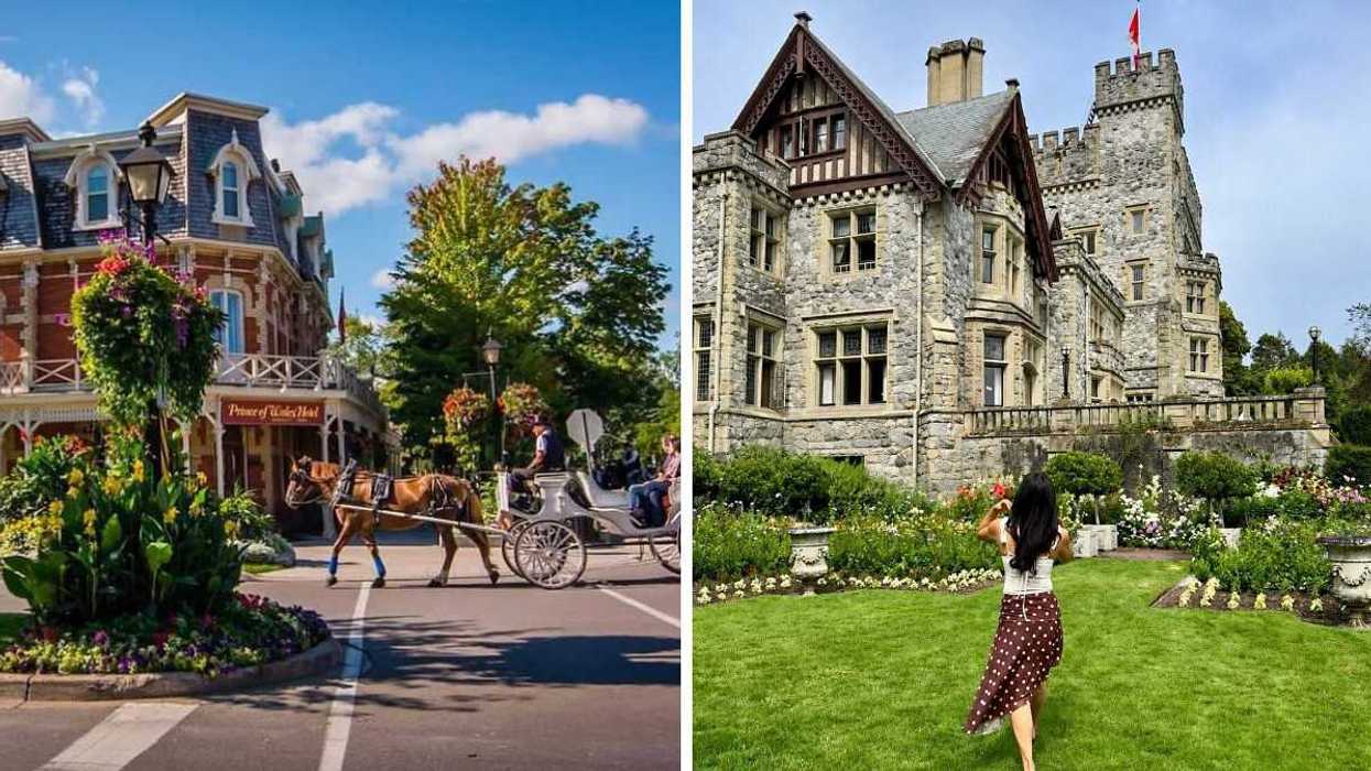 A horse-drawn carriage is seen in a small town in Ontario. Right: A person stands by a castle in a city in B.C.