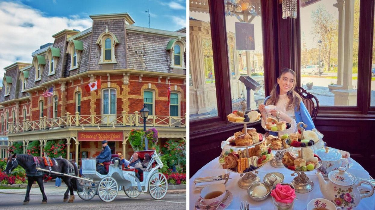 A horse-drawn carriage on a historic street. Right: A person sitting at a tea shop.