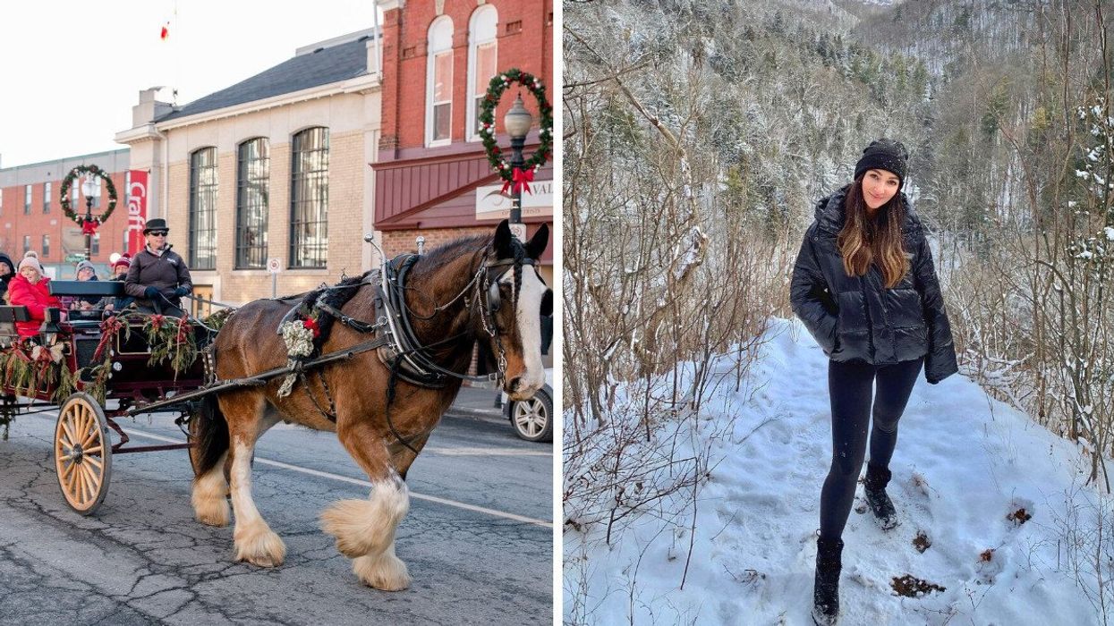 A horse-drawn carriage. Right: A person standing in a snowy landscape.