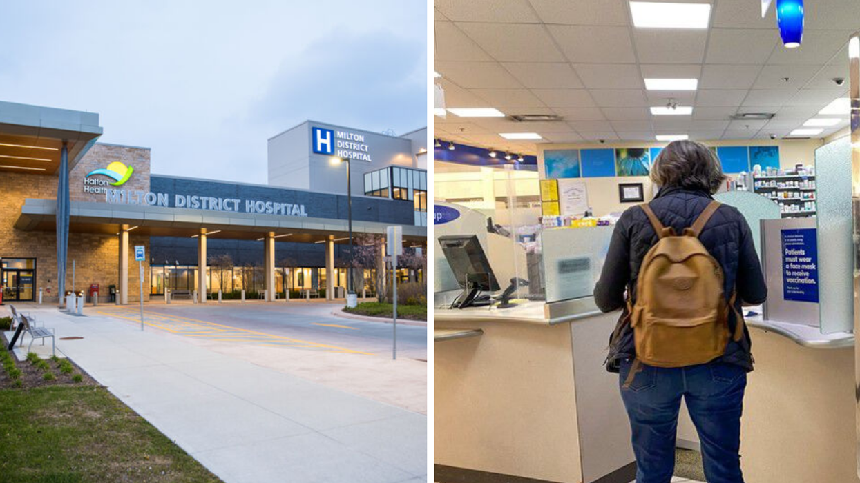 A hospital in Canada. Right: A person at a pharmacy.