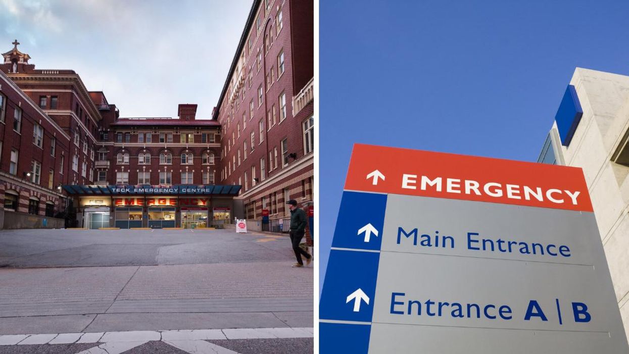 A hospital in Vancouver. Right: A sign for an emergency room.