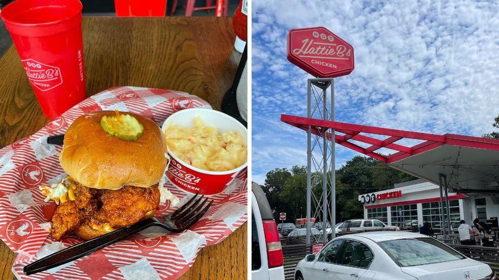 A hot chicken sandwich and macaroni and cheese. Right: The outside of Hattie B's hot chicken.