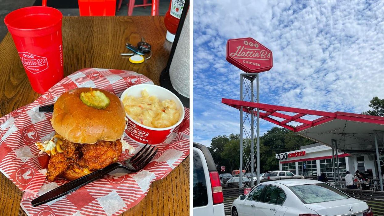 A hot chicken sandwich from Hattie B's. Right: The outside of Hattie B's hot chicken.