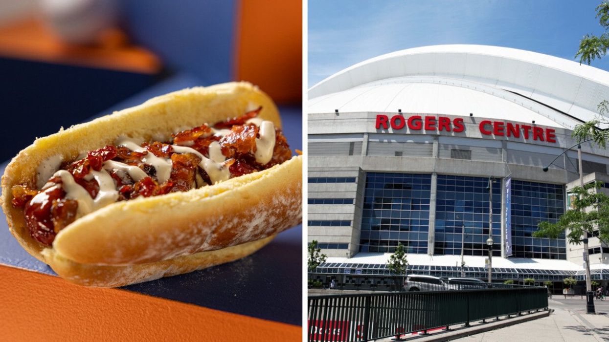 A hot dog with a white sauce and bacon sprinkled on top. Right: A building that says Rogers Centre on it in red letters.