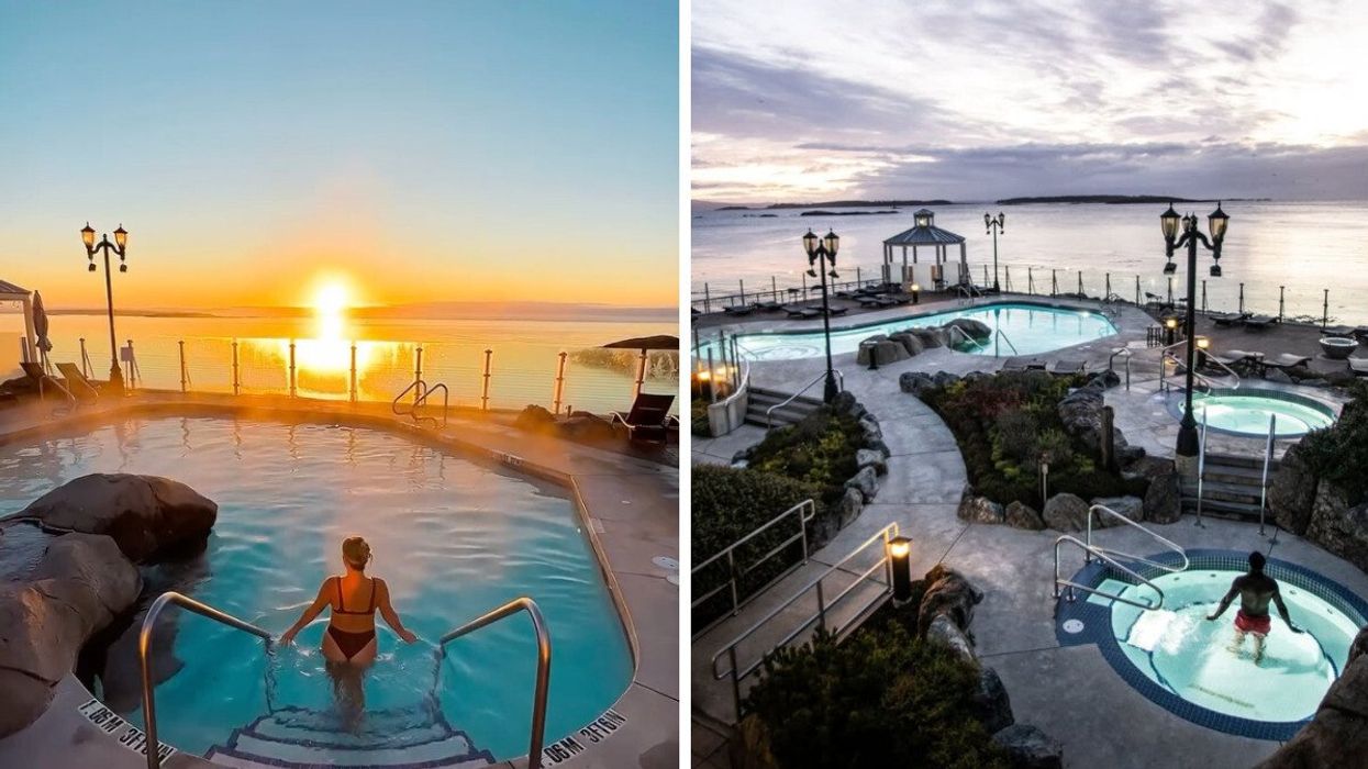 A hot pool by the ocean. Right: An outdoor spa with pools.