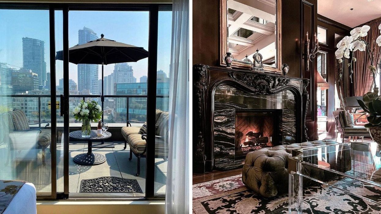 A hotel balcony view with umbrella and patio chairs and buildings in the distance. Right: A view inside a hotel lobby with a black marble fireplace.