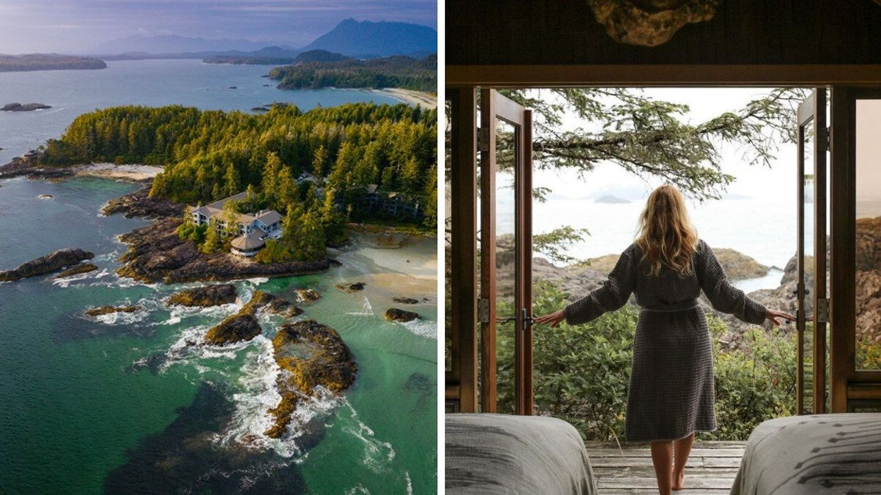 A hotel by the ocean. Right: Person walking out doors at a spa.