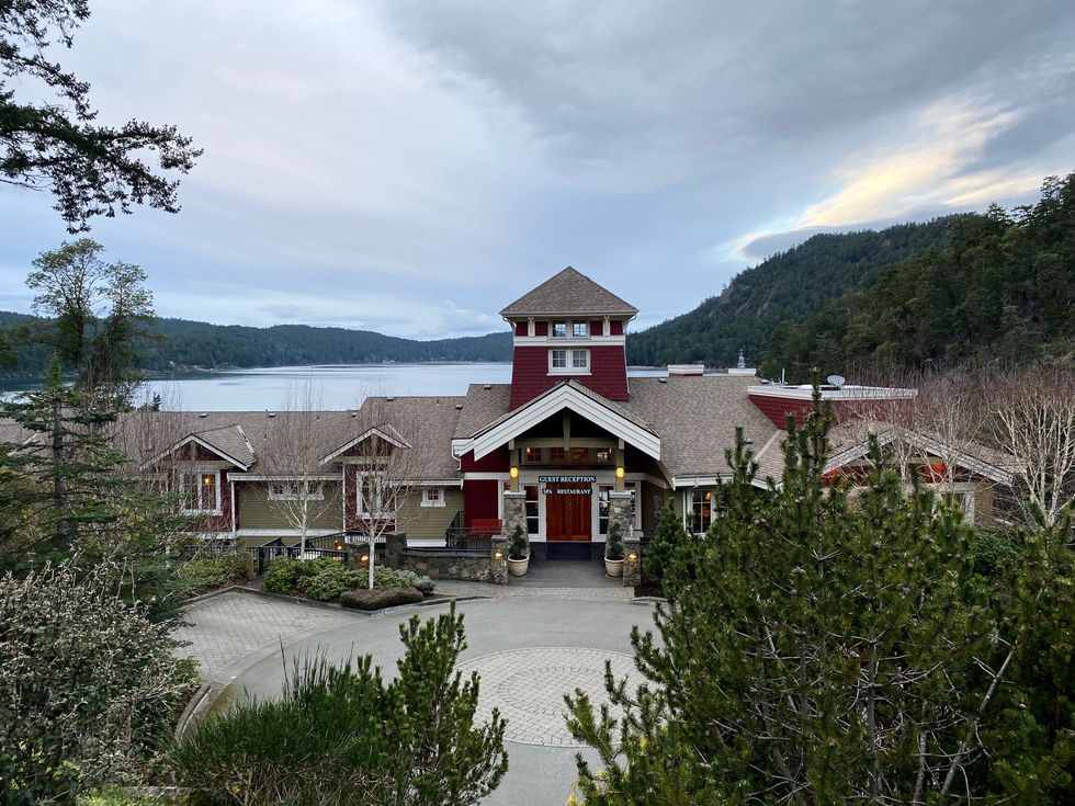A hotel next to the water.