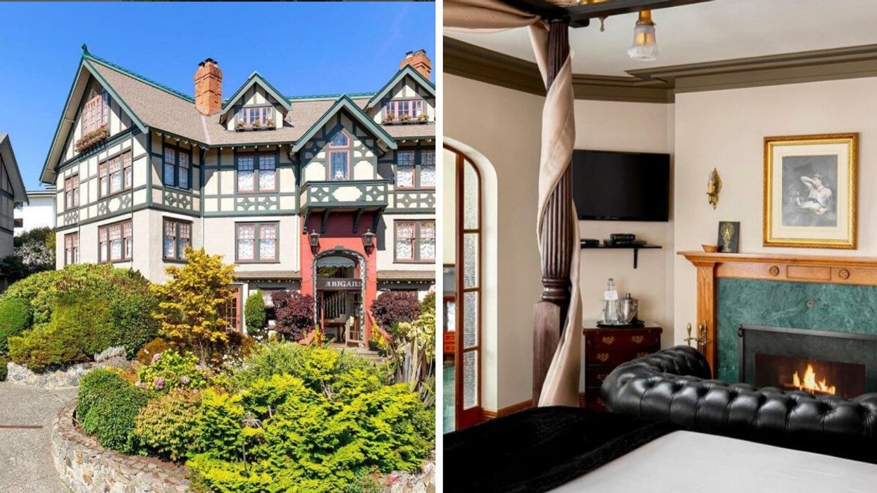 A hotel. Right: A fireplace in a room.