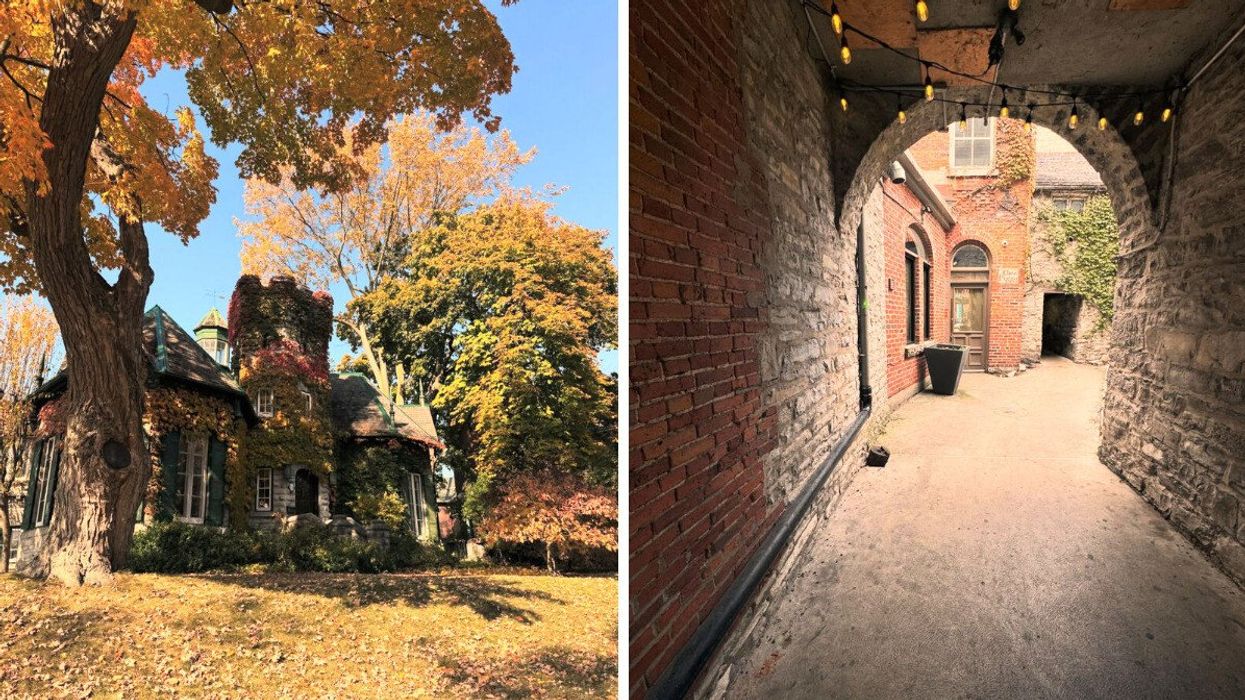 A house covered in vines. Right: A stone alleyway.